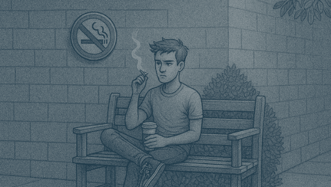Illustration of a man smoking on a bench under a no-smoking sign.