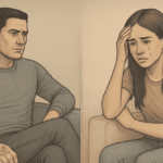A man sitting coldly on a couch, juxtaposed by a girl holding her head and crying on an opposite couch