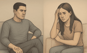 A man sitting coldly on a couch, juxtaposed by a girl holding her head and crying on an opposite couch