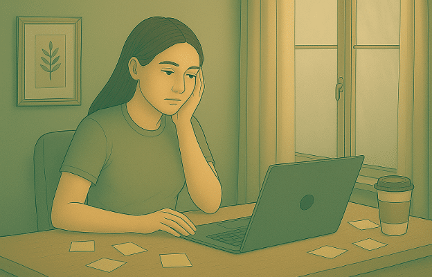 Tired woman working at a laptop with her hand on her face