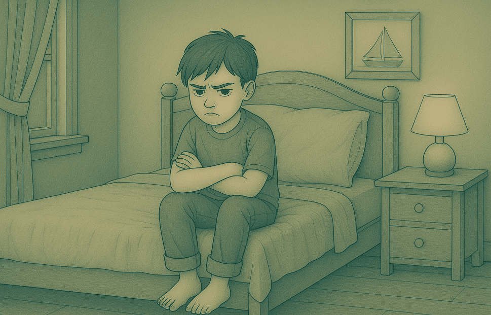 Upset child sitting on the bed with arms crossed and an angry expression, showing signs of depression and aggressive behavior