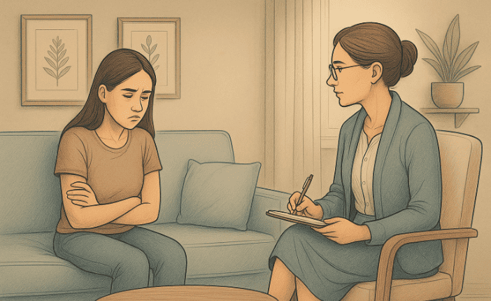 A woman looking upset with her arms crossed while sitting on a couch, talking to a therapist opposite of her