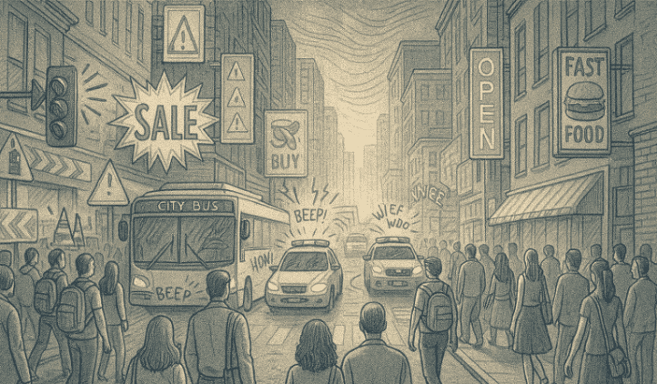 An illustration of a busy street scene with crowds, traffic, bright signs, and various sensory elements representing typical overstimulation triggers.