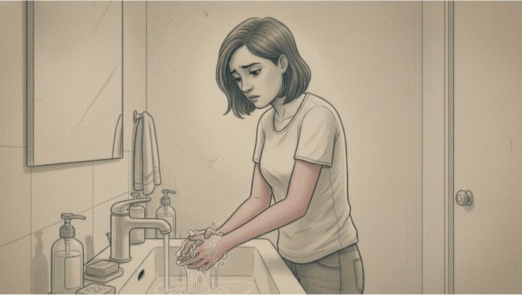 A woman washing her hands at the bathroom sink with soap.