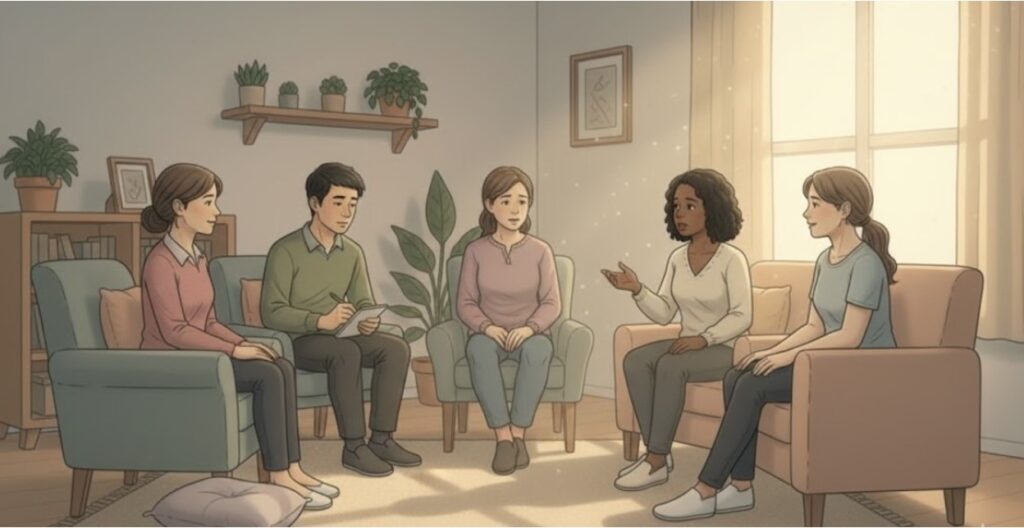 Group of five diverse people sitting in a circle during a therapy or support group session in a room with plants and natural lighting