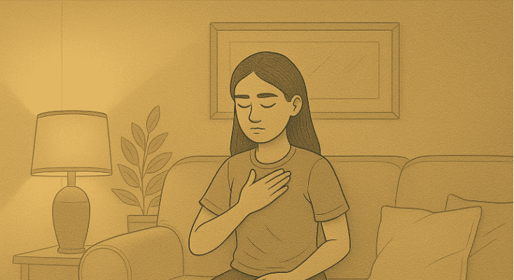 Person sitting peacefully on the couch with eyes closed, hand on chest, practicing breathing exercise