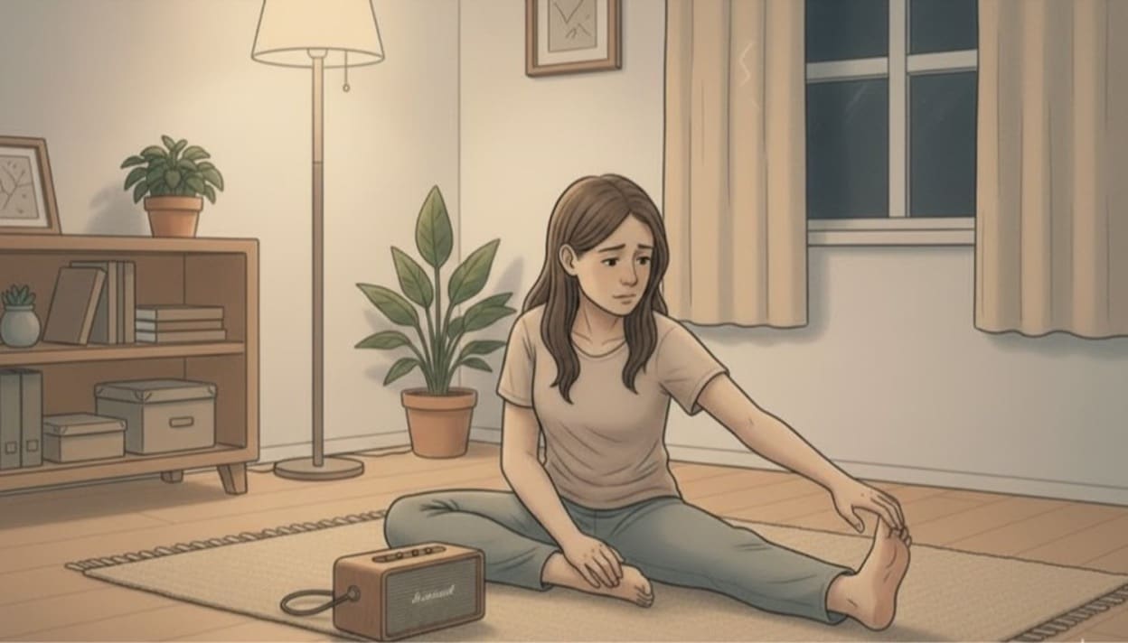A woman sitting on the floor in casual clothes with a small speaker nearby, doing leg stretches.