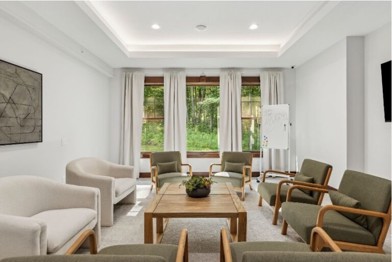 Bright room with large windows and group therapy chairs around a center table