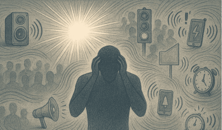 An illustration showing various sensory inputs (bright lights, loud sounds, crowds) overwhelming a person's silhouette, representing the multi-sensory nature of overstimulation.