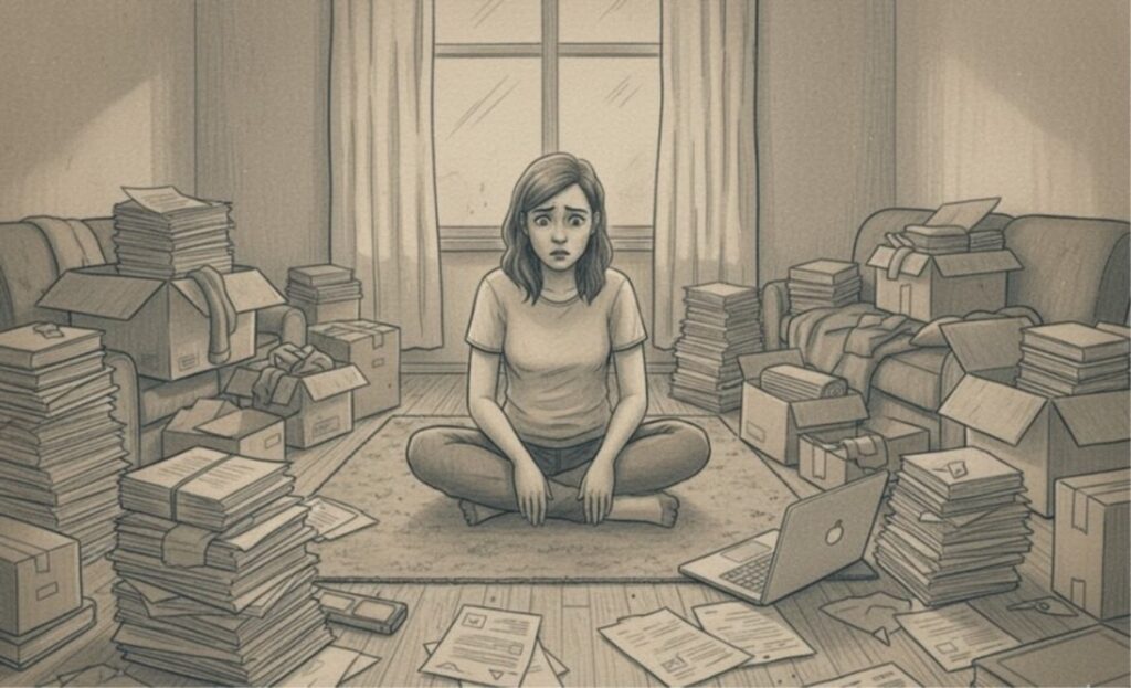 An overwhelmed woman sitting among stacks of papers, boxes, and a laptop.