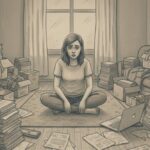 An overwhelmed woman sitting among stacks of papers, boxes, and a laptop.