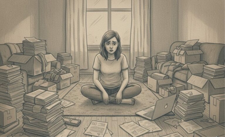 An overwhelmed woman sitting among stacks of papers, boxes, and a laptop.