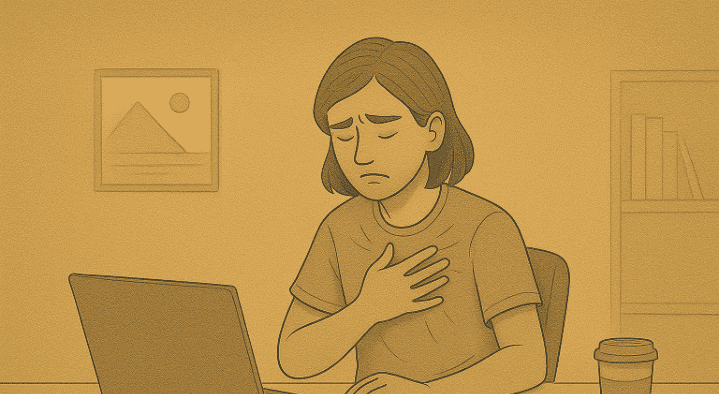 Person with hand on chest, looking distressed while working on laptop at desk.