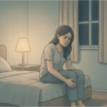 A woman sitting alone on the edge of the bed, looking downward in a dimly lit bedroom.