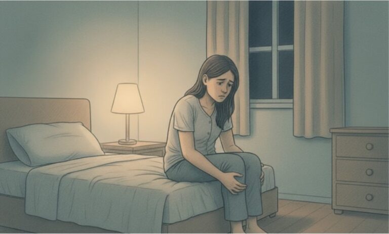 A woman sitting alone on the edge of the bed, looking downward in a dimly lit bedroom.
