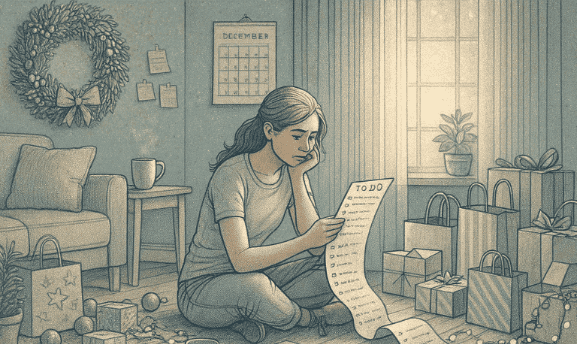 An illustration of a person looking at a long to-do list with various holiday-related tasks, appearing thoughtful but slightly overwhelmed, surrounded by shopping bags and holiday decorations.