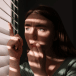 Woman looking out the window feeling paranoid in need of schizophrenia treatment