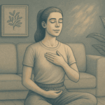 An illustration of a person sitting calmly with one hand on their chest, surrounded by a soft, calming environment, representing the management of anxiety-related heart symptoms.