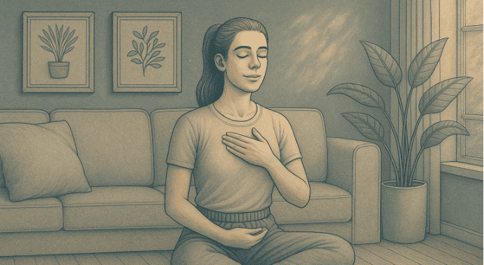 An illustration of a person sitting calmly with one hand on their chest, surrounded by a soft, calming environment, representing the management of anxiety-related heart symptoms.