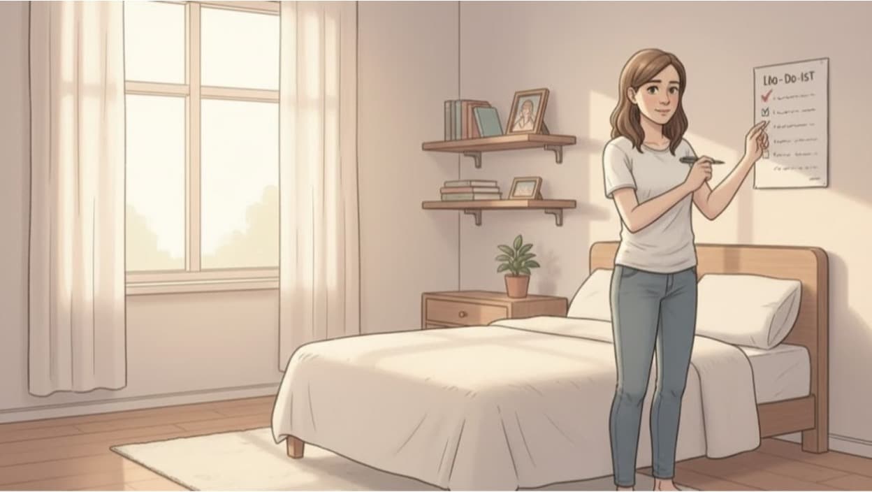 A woman pointing to completed tasks on the bedroom wall-mounted to-do list.