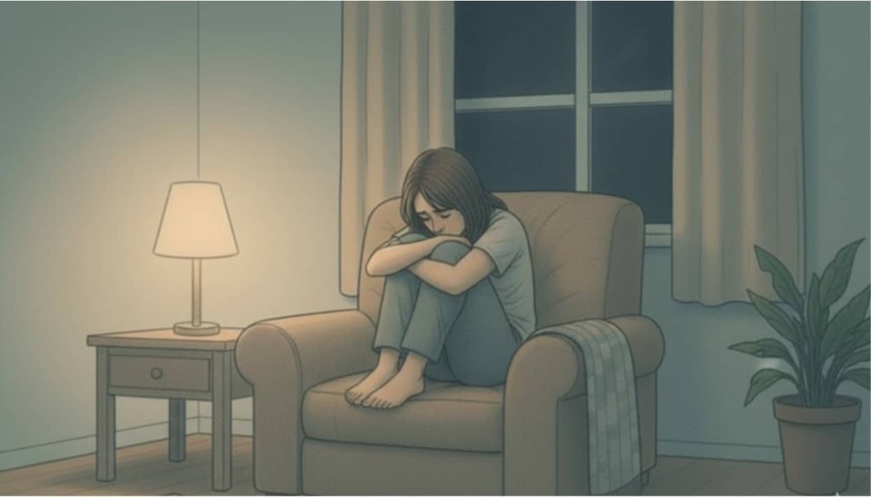 A woman curled up alone in an armchair with arms wrapped around knees.