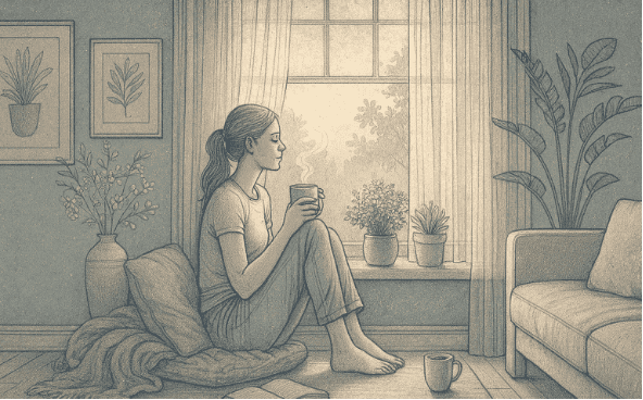 An illustration of a person looking at their reflection in a mirror with a thoughtful expression, surrounded by soft, muted colors, representing self-reflection and mental health awareness.