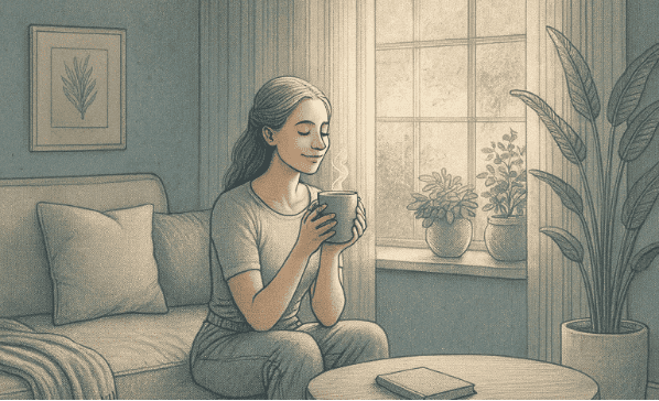 An illustration showing a person sitting contentedly by a window with a warm beverage, looking peaceful and reflective, representing mental wellness and contentment.