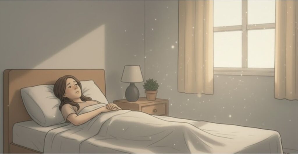 Woman lying in bed staring at the ceiling with soft lighting from a bedside window.