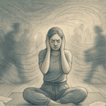 An illustration of a person sitting quietly in a busy, chaotic environment with their hands over their ears, representing feeling overwhelmed by overstimulation.