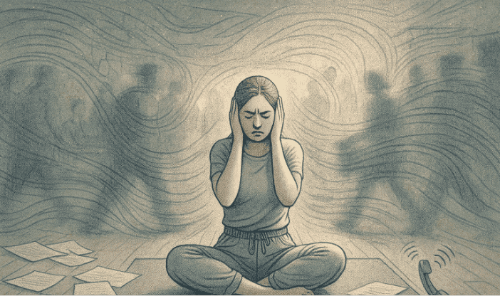 An illustration of a person sitting quietly in a busy, chaotic environment with their hands over their ears, representing feeling overwhelmed by overstimulation.
