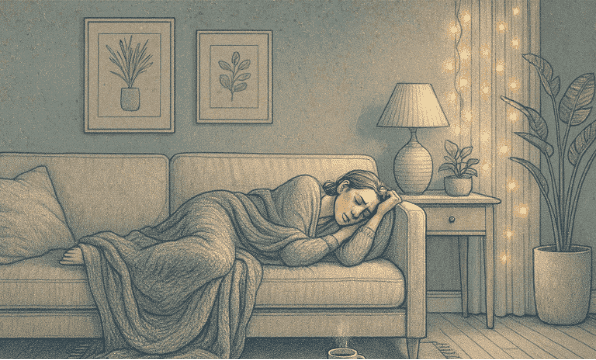 An illustration of a person resting on a couch with a blanket, looking tired but peaceful, with a cup of tea nearby, representing self-care during stressful times.
