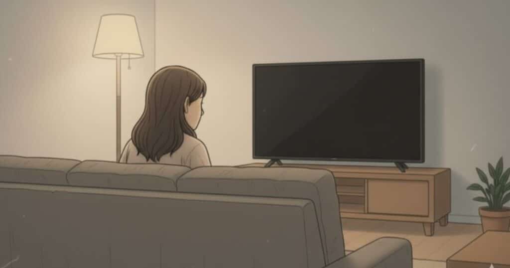 Person sitting alone on a couch staring at blank television in a dimly lit living room