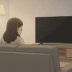 Person sitting alone on a couch staring at blank television in a dimly lit living room