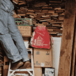 Man in need of hoarding disorder treatment on a ladder in front of a massive pile of books