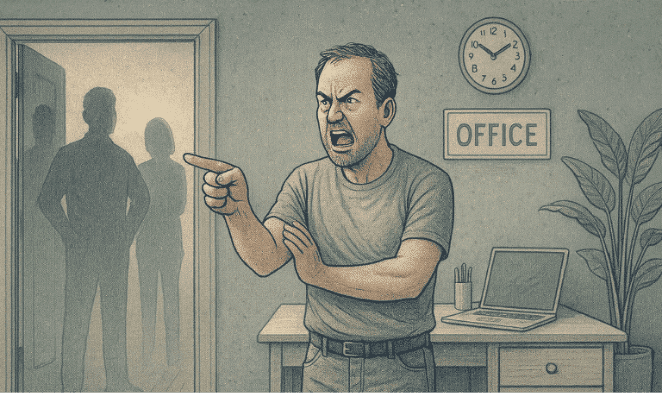 Illustration of an angry man in an office yelling and pointing, with a clock and “OFFICE” sign on the wall, a desk with a laptop, and two shadowed onlookers in the doorway.