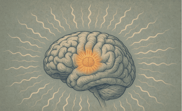 An illustration of a brain with the alarm center highlighted and radiating alert signals, representing the overactive threat-detection system in hypervigilance.