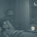 An illustration of a person lying awake in bed at night, looking at a clock, surrounded by darkness, representing the struggle with chronic insomnia.