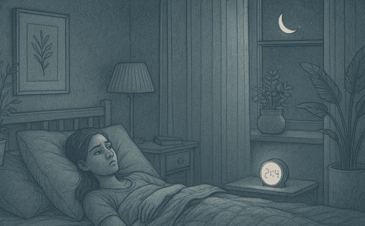 An illustration of a person lying awake in bed at night, looking at a clock, surrounded by darkness, representing the struggle with chronic insomnia.