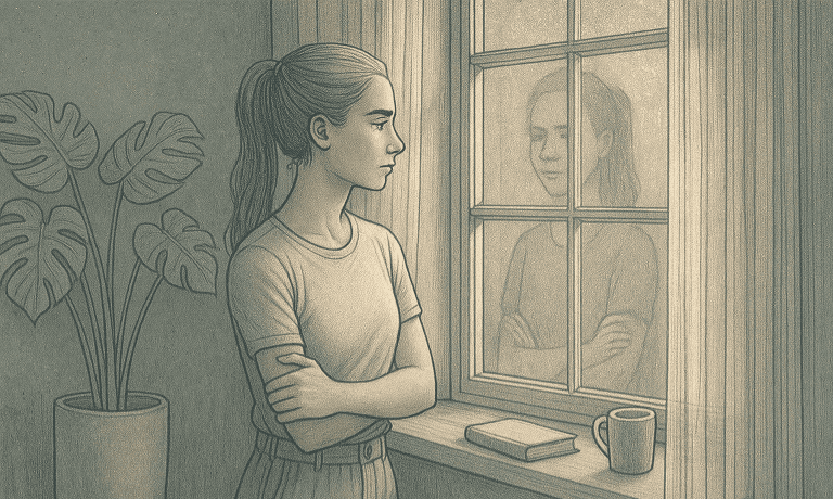 An illustration of a person standing at a window looking out pensively, representing the internal struggle and self-awareness involved in recognizing worsening mental health symptoms.