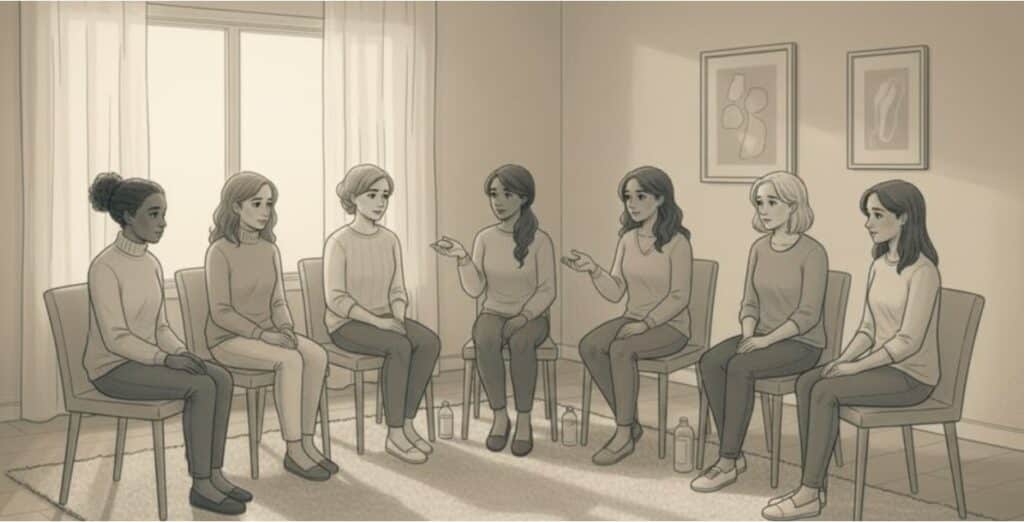 Women in group therapy session finding support while managing bipolar symptoms at AMFM.