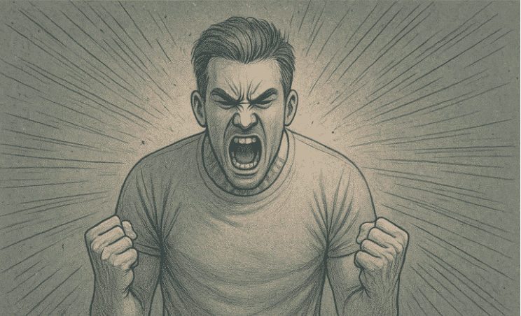 An illustration of a man screaming with intense anger, mouth wide open showing teeth, deeply furrowed brows, and both fists clenched.