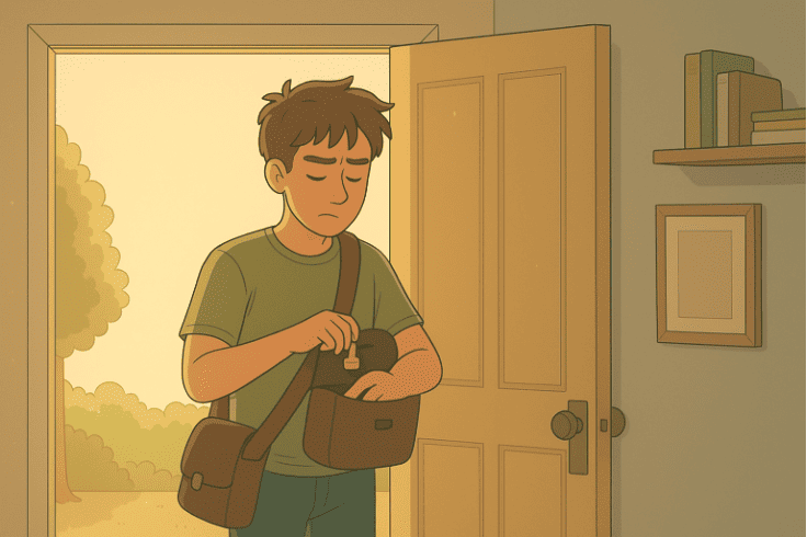 Person checking bag contents at doorway as part of reassurance-seeking behavior related to OCD.