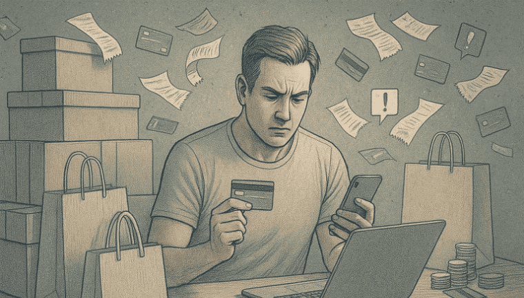 Illustration of a stressed person sitting at a laptop holding a credit card and phone, surrounded by floating receipts, bills, shopping bags, cardboard boxes, and stacked coins, depicting financial stress and overspending.