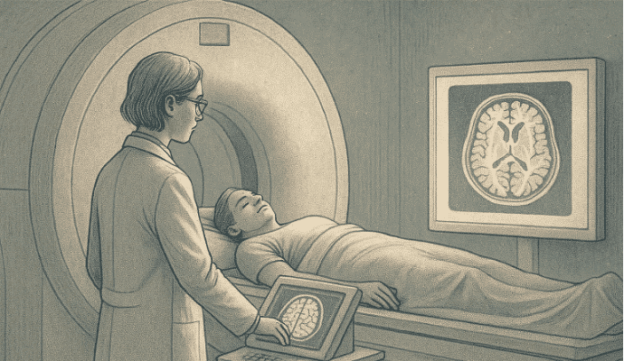 Illustration of a medical professional standing beside a patient lying on an MRI scanner bed, preparing to enter the circular scanner opening, with a brain scan displayed on a monitor screen mounted on the wall.