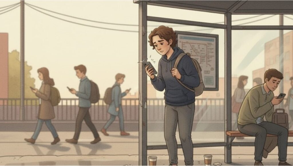 Anxious person at transit stop experiencing physical symptoms of catastrophic thinking.