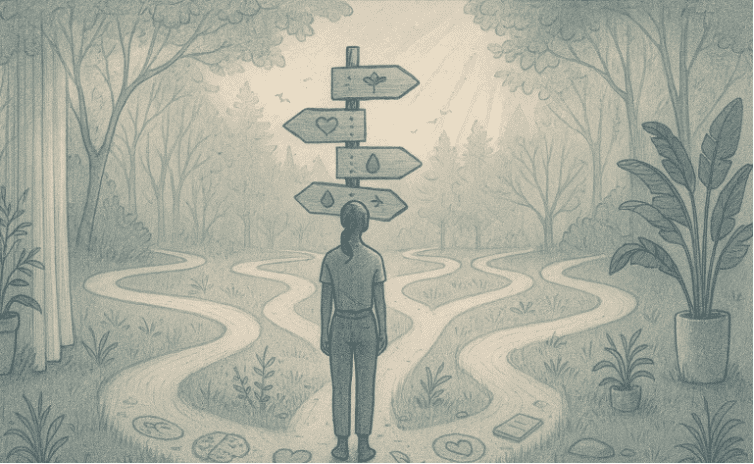 An illustration of a person standing at a crossroads with multiple paths, representing the journey toward healing and the choices involved in seeking treatment.