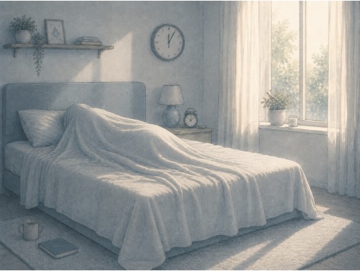 Watercolor illustration of a person completely covered by blankets in a bed, inside a dimly lit bedroom with a large window and soft morning light.
