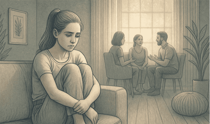 An illustration of a woman sitting alone while others gather in the background, representing the isolation that often accompanies eating disorders.
