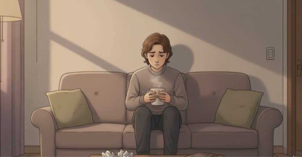 Person sitting on couch with warm beverage contemplating strategies to manage catastrophic thinking.