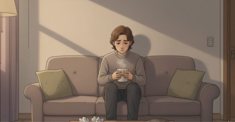 Person sitting on couch with warm beverage contemplating strategies to manage catastrophic thinking.